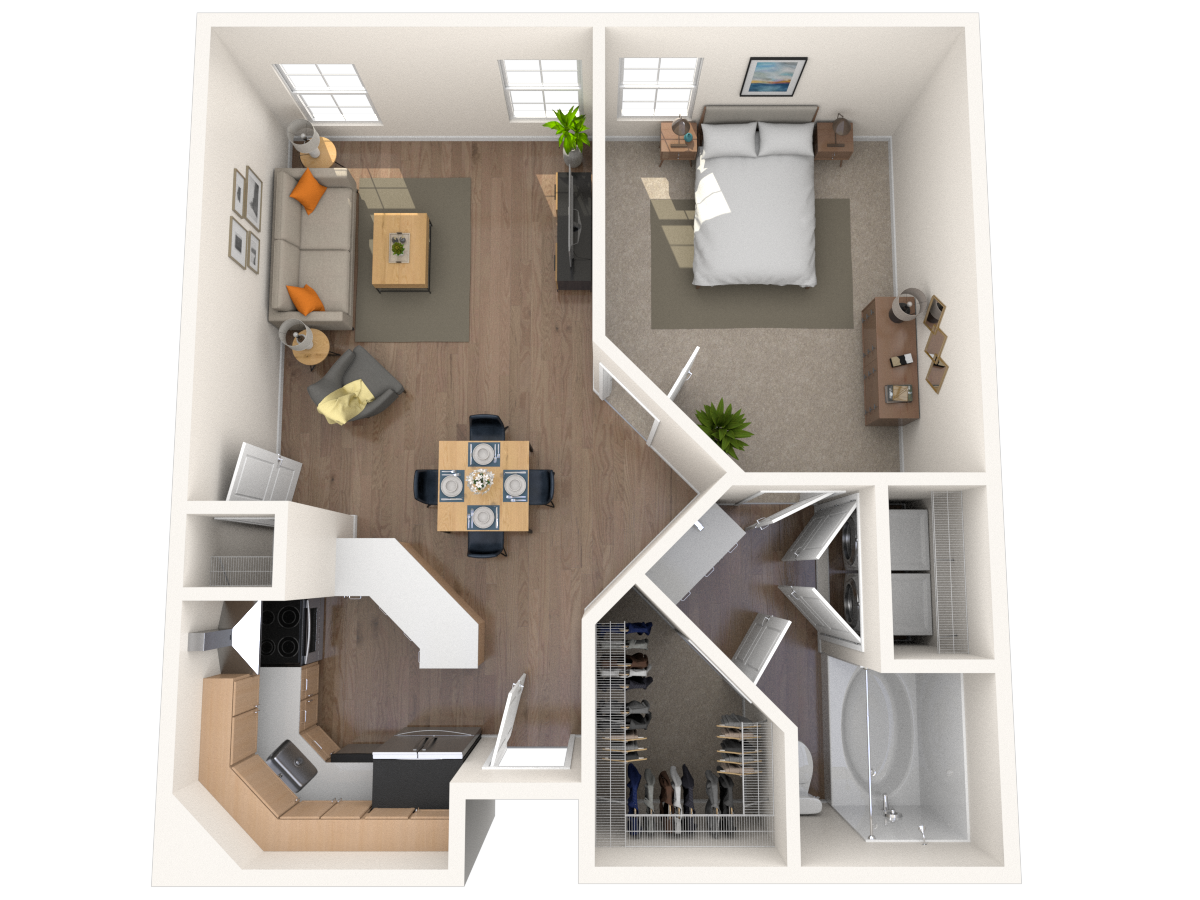 Floor plan for 1 bed, 1 bath, 696 sqft
